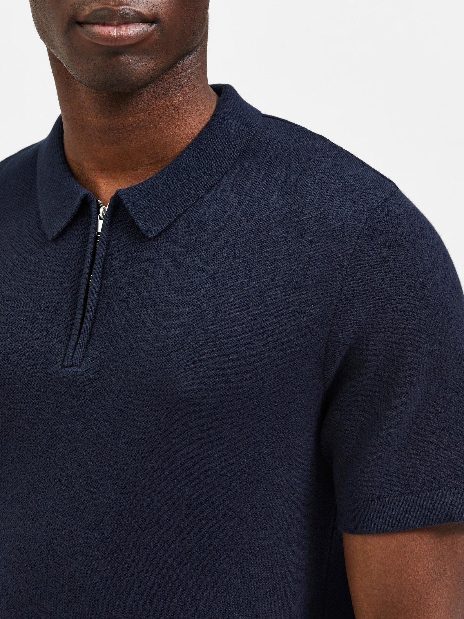 Selected Homme Knitted Zip Polo Navy - Pauls Menswear